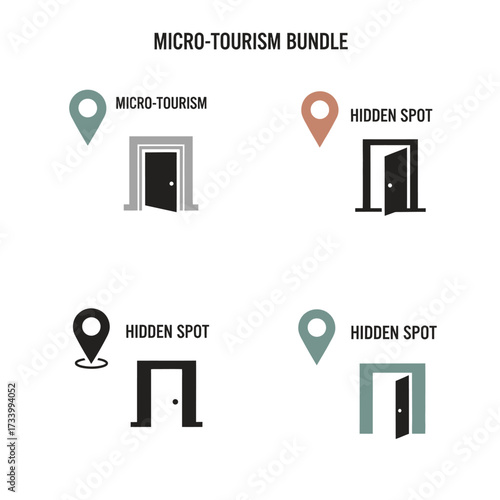 Micro Tourism Hidden Spot Icon Set with Location Pins and Doors.