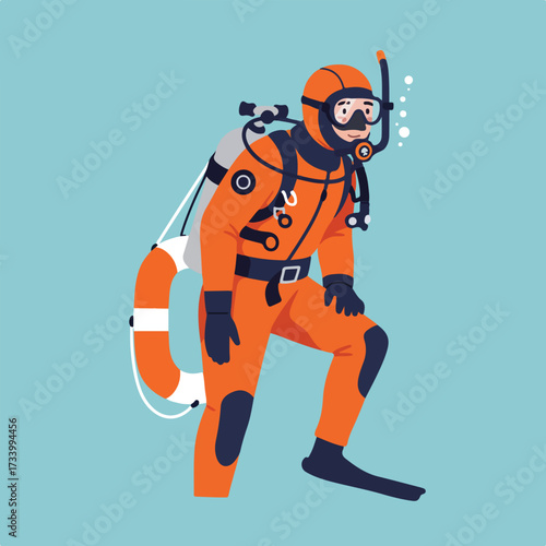 A diver in an orange suit with scuba gear and a life preserver