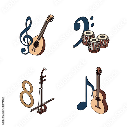 Musical instruments and symbols representing music and sound.