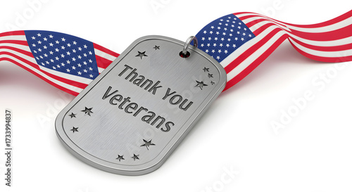 Veterans Day tribute with dog tags and ribbon in USA flag colors of gratitude