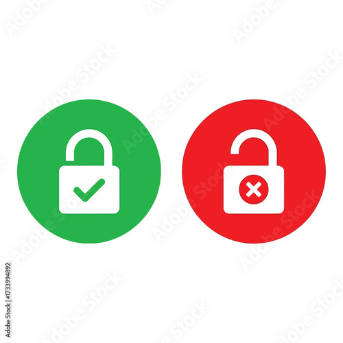 Vector art of two padlocks, one locked and checked, one unlocked with an x