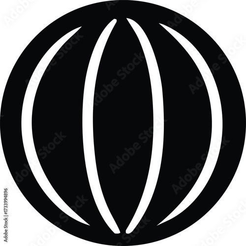 Simple black and white icon of a globe or ball with stripes representing continents or segments