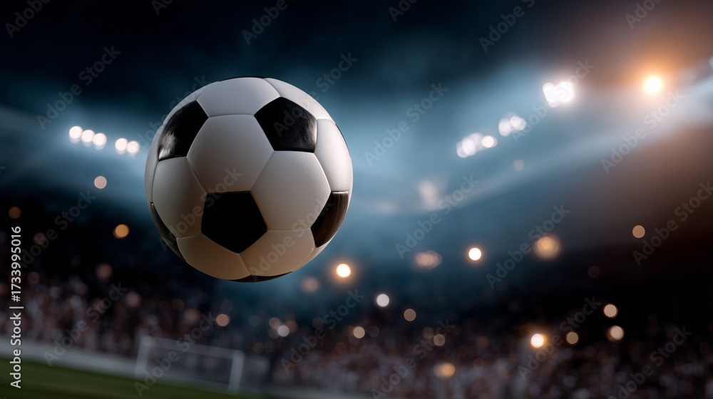 Naklejka premium A soccer ball flying mid-air under stadium lights during an intense match, symbolizing teamwork, competition, and the thrill of football. soccer ball action shot, football stadium