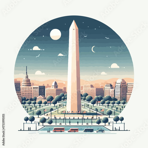 Washington Monument with a simple and minimalist flat design using a white background