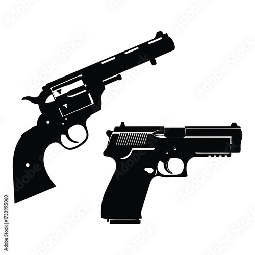 Vector art of silhouette of a revolver and a semiautomatic pistol