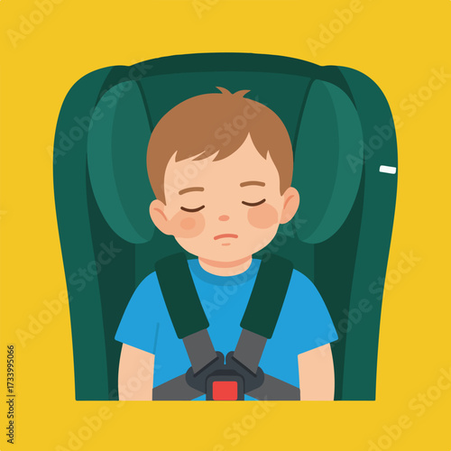Sleeping child secured in a green car seat against a yellow background