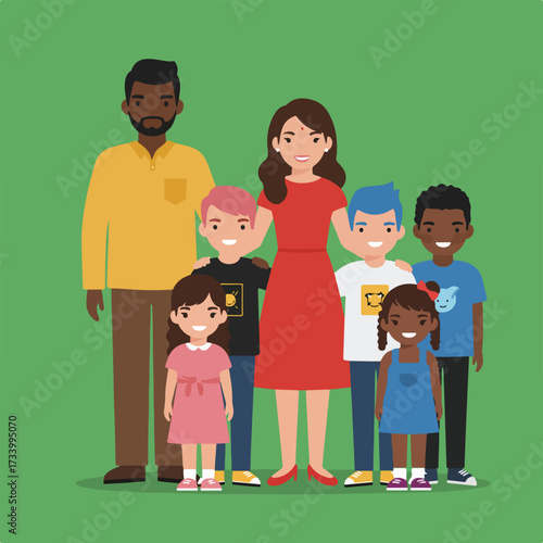 Diverse cartoon family of two adults and four children posing happily