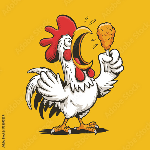 Energetic Rooster Celebrating with Fried Chicken Drumstick