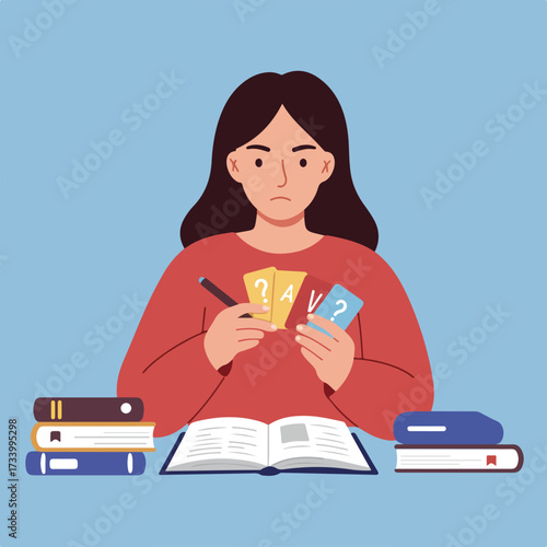 Person studies with flashcards, books, and an open notebook