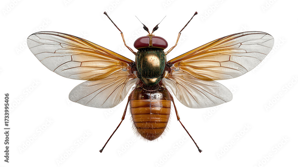 Fototapeta premium Elegant Fly Display: An artful display of a solitary fly, its iridescent green thorax shimmering amidst translucent wings, embodying the intricate beauty of nature's tiny wonders.