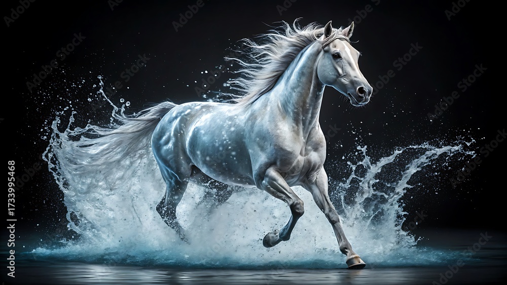 Fototapeta premium White horse running through water splashes on dark background 