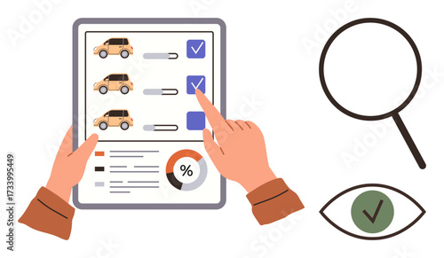 Hands evaluating cars on a checklist with charts, magnifying glass, and approved icon. Ideal for decision-making, analysis, selection process, research, quality control, car renting project
