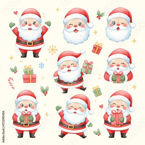 Cute Santa Claus Characters Watercolor Set