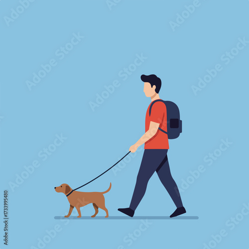 Person with backpack walks a dog on a leash against a blue background