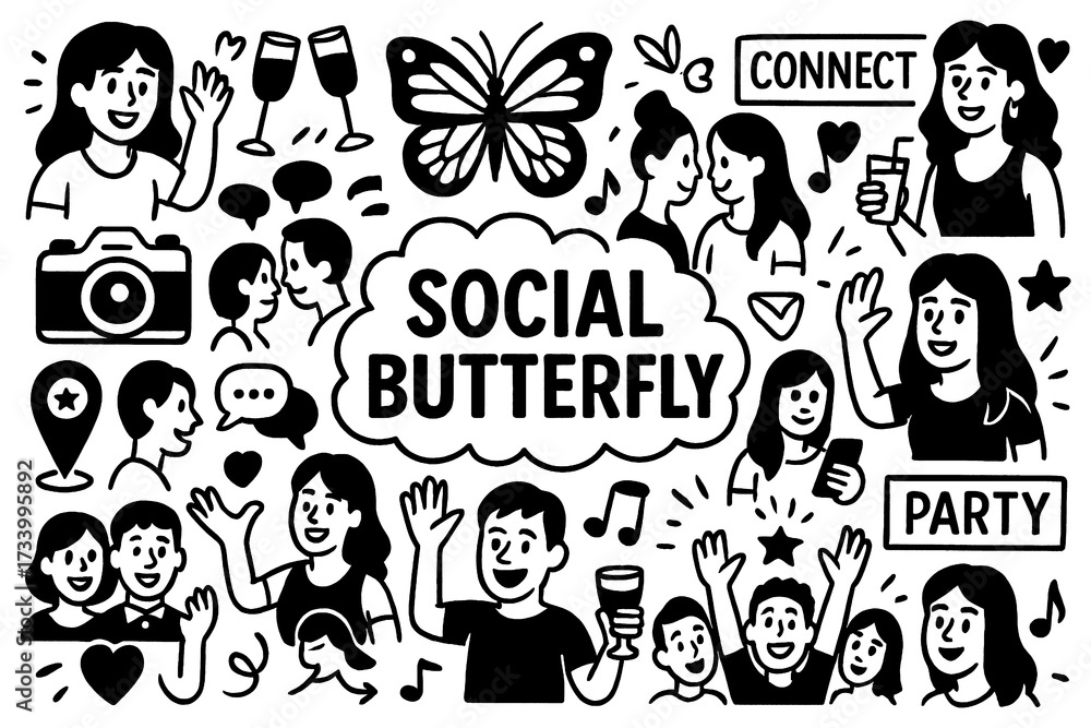 Obraz premium Social butterfly doodle with extrovert lifestyle, friends, parties, conversations and joyful activities, Transparent Background