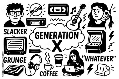 Generation X doodle composition with retro gadgets, grunge style, coffee and slacker lifestyle symbols, Transparent Background