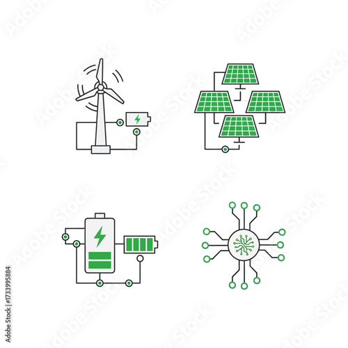 Renewable energy technology and battery storage line icon set.