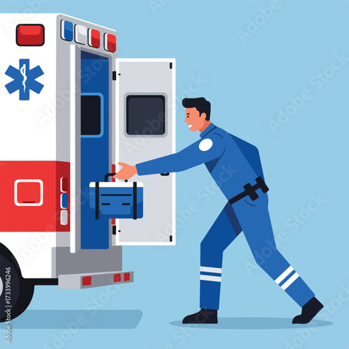 Paramedic in uniform retrieving medical bag from open ambulance