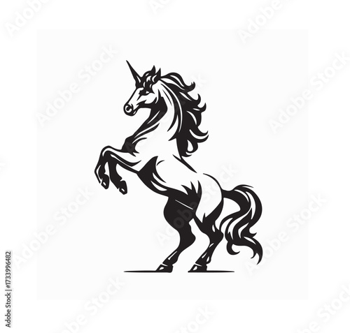 Majestic Unicorn Standing on Hind Legs Black and White Vector Illustration