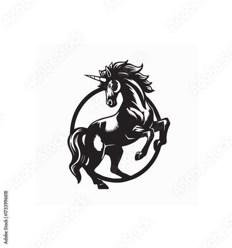 Majestic Unicorn Standing on Hind Legs Black and White Vector Illustration