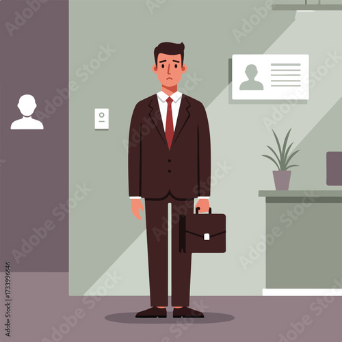 Sad businessman in suit with briefcase, in office
