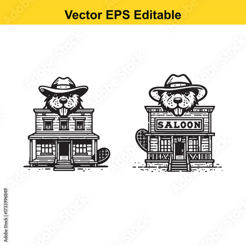 Vintage beaver cowboy saloon building illustration isolated on white background