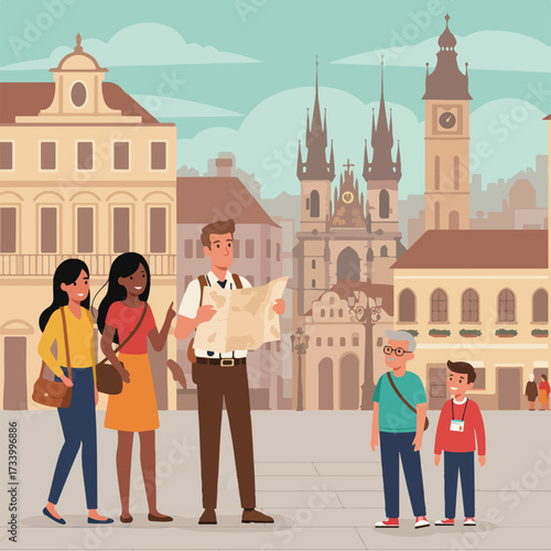 Diverse group exploring historic city square with map