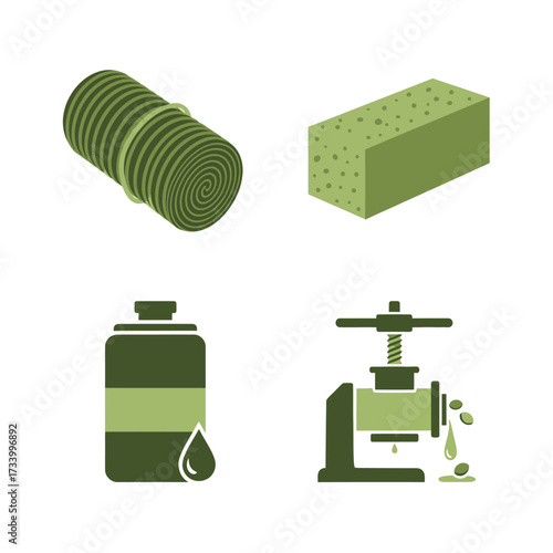 Set of four icons related to olive oil production and products.