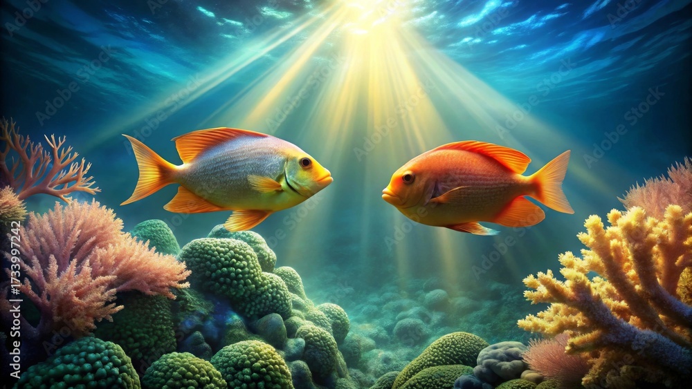 Obraz premium Oceanic Idyll Two Vibrant Fish Gracefully Swim Amidst a Lush Coral Reef Bathed in Sunlit Rays