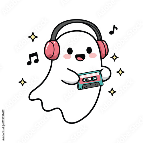 Cute cartoon ghost wearing headphones and holding a cassette tape vector illustration for Halloween isolated on white background