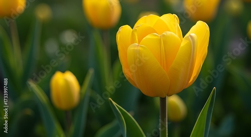 Vibrant yellow tulip in sunlight with blurred green foliage background