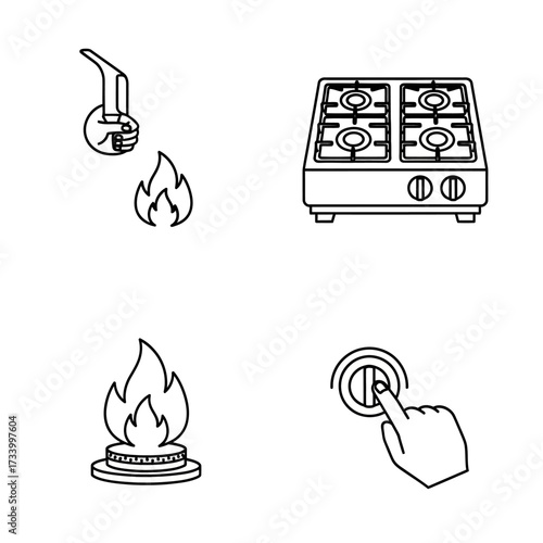 Set of icons representing gas stove operation and fire safety.