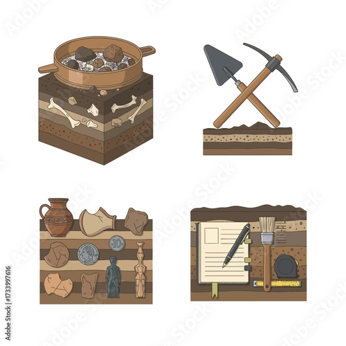 Set of Four Illustrations Depicting Archaeological Work and Discoveries.