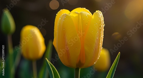 Vibrant yellow tulip in sunlight with water droplets closeup view