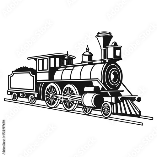Detailed black and white illustration of a classic steam locomotive and tender on railway tracks