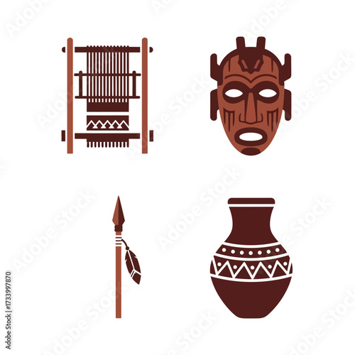 Set of Traditional African Tribal Artifacts and Crafts.