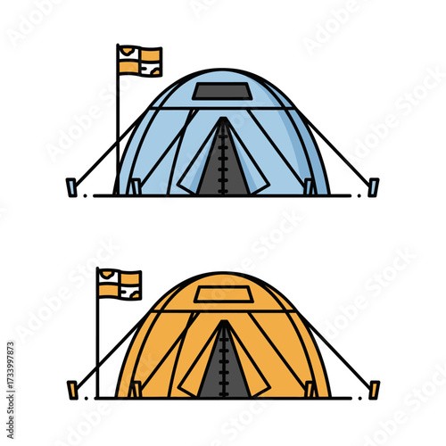 Set of two colorful expedition dome tents with flags.