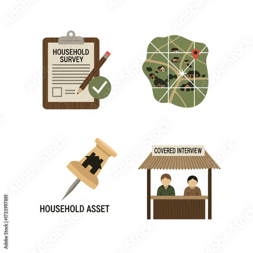 Set of icons representing household survey, mapping, assets, and interviews.