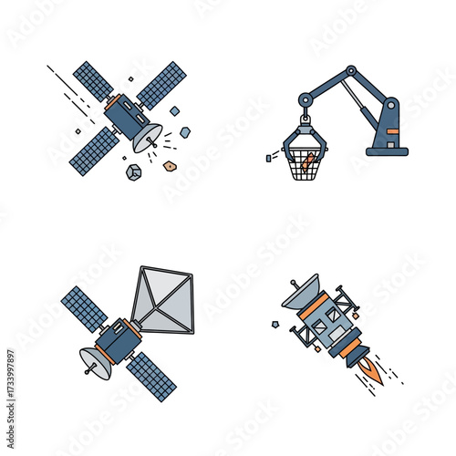 Set of Space Technology Icons with Satellites and Debris Collector.
