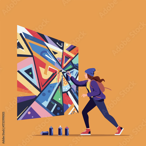 Person spray painting a vibrant abstract mural on a wall