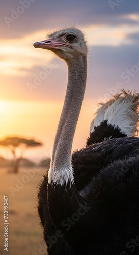 Ostrich in African Sunrise.