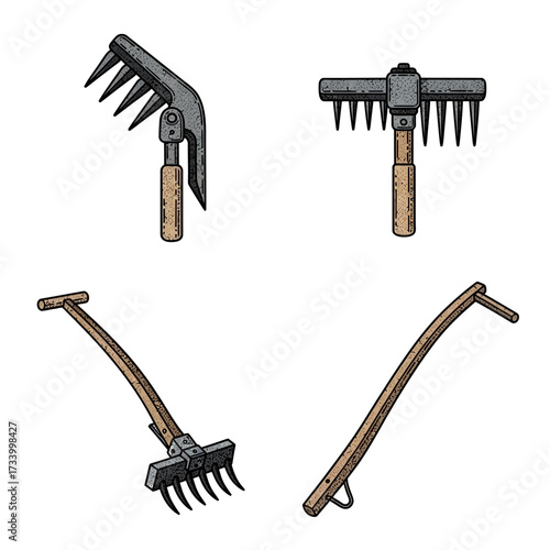 Set of hand drawn vintage agricultural tools for farming.