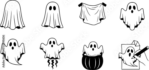 set of cute ghost creation kit, changeable face, flat design vector for halloween
