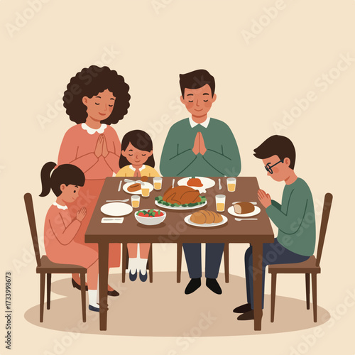 Family praying before a festive meal, united in gratitude and togetherness