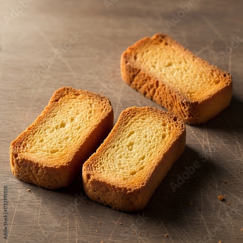 Crispy Toast Slices on Wooden Surface.