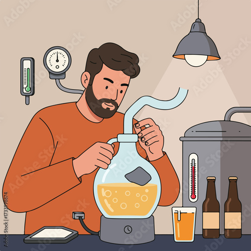 A bearded person meticulously adjusts brewing equipment, monitoring temperature and pressure