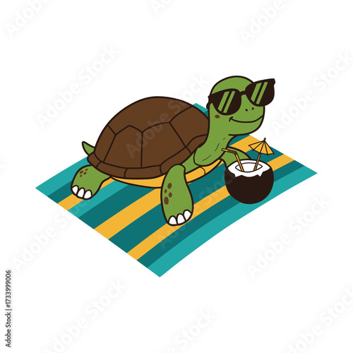 Cartoon turtle with sunglasses relaxing on a beach towel holding a coconut drink vector illustration for summer vacation themes