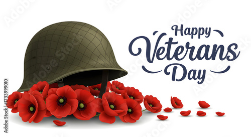 Military helmet with red poppies honoring the courage and sacrifice of veterans