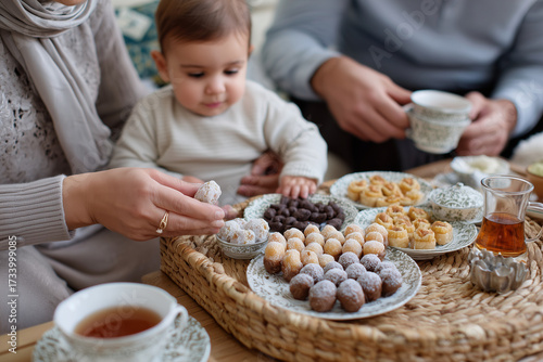 Family in MENA society celebrating newborn arrival with traditional sweets and tea on tray, 