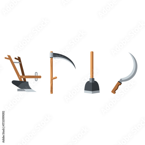 Traditional Farming Tools and Agricultural Implements Set.